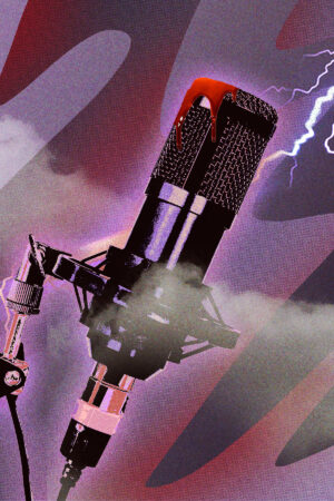podcast mic with blood on the mic with lightning in the background art for a spooky mexican podcasts list