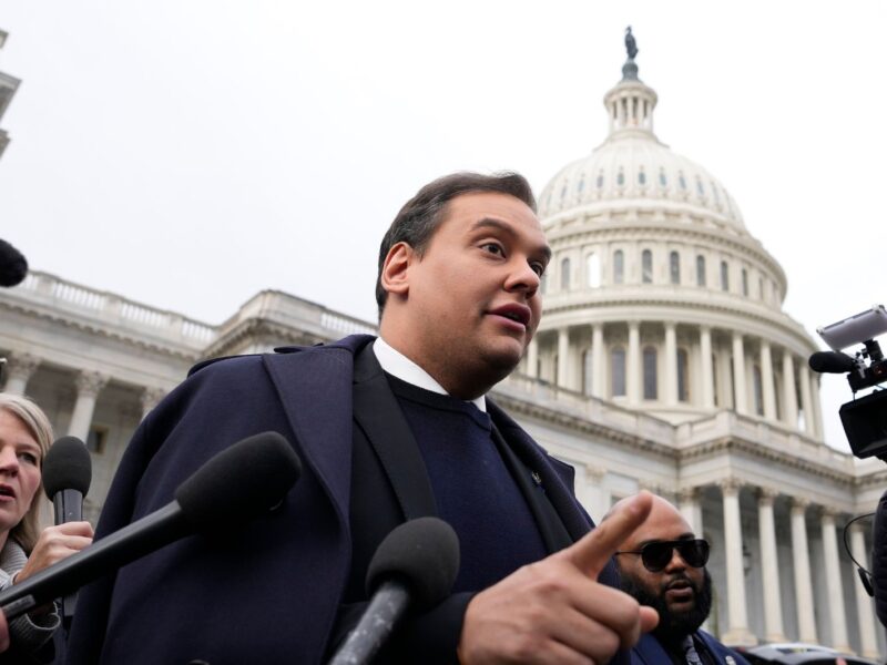 WASHINGTON, DC - DECEMBER 01: Rep. George Santos (R-NY) is surrounded by journalists as he leaves the U.S. Capitol after his fellow members of Congress voted to expel him from the House of Representatives on December 01, 2023 in Washington, DC. Charged by the U.S. Department of Justice with 23 felonies in New York including fraud and campaign finance violations, Santos, 35, was expelled from the House of Representatives by a vote of 311-114. Santos is only the sixth person in U.S. history to be expelled from the House of Representatives. (Photo by Drew Angerer/Getty Images)