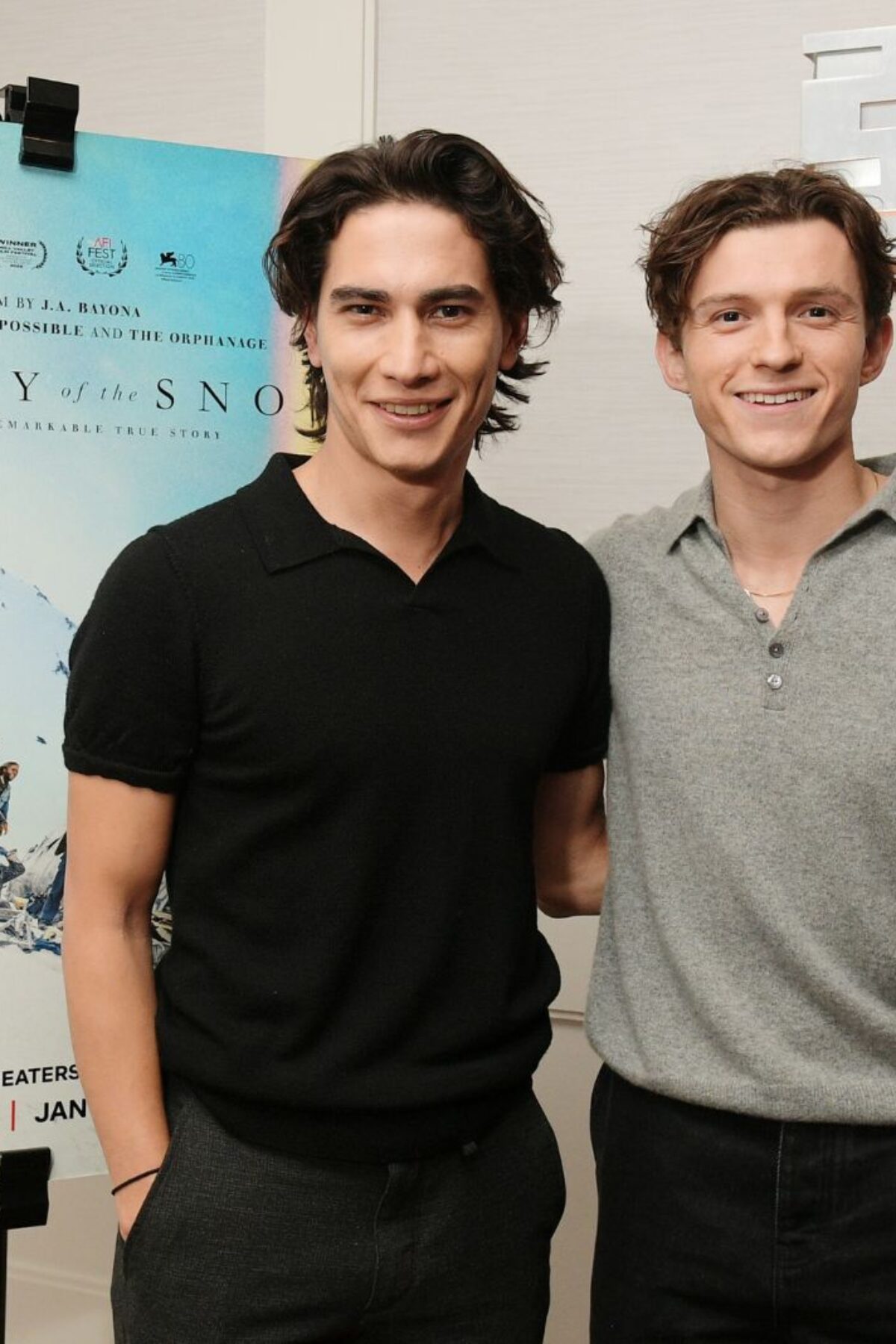WEST HOLLYWOOD, CALIFORNIA - DECEMBER 02: (L-R) Enzo Vogrincic and Tom Holland attend Netflix's Society of the Snow Los Angeles Tastemaker Screening at The London West Hollywood at Beverly Hills on December 02, 2023 in West Hollywood, California. (Photo by Charley Gallay/Getty Images for Netflix)