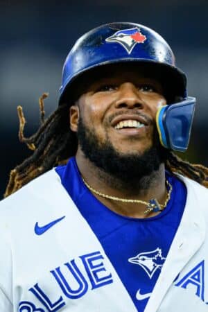 TORONTO, ON - SEPTEMBER 26: Toronto Blue Jays First base Vladimir Guerrero Jr. (27) smiles during the MLB baseball regular season game between the Tampa Bay Rays and the Toronto Blue Jays on September 29, 2023, at Rogers Centre in Toronto, ON, Canada. (Photo by Julian Avram/Icon Sportswire via Getty Images)