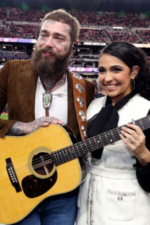 LAS VEGAS, NEVADA - FEBRUARY 11: (L-R) Post Malone and Anjel Piñero attend the Super Bowl LVIII Pregame at Allegiant Stadium on February 11, 2024 in Las Vegas, Nevada. (Photo by Kevin Mazur/Getty Images for Roc Nation)