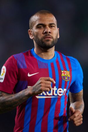 SEVILLE, SPAIN - MAY 07: Dani Alves of FC Barcelona looks on during the La Liga Santander match between Real Betis and FC Barcelona at Estadio Benito Villamarin on May 07, 2022 in Seville, Spain. (Photo by Fran Santiago/Getty Images)