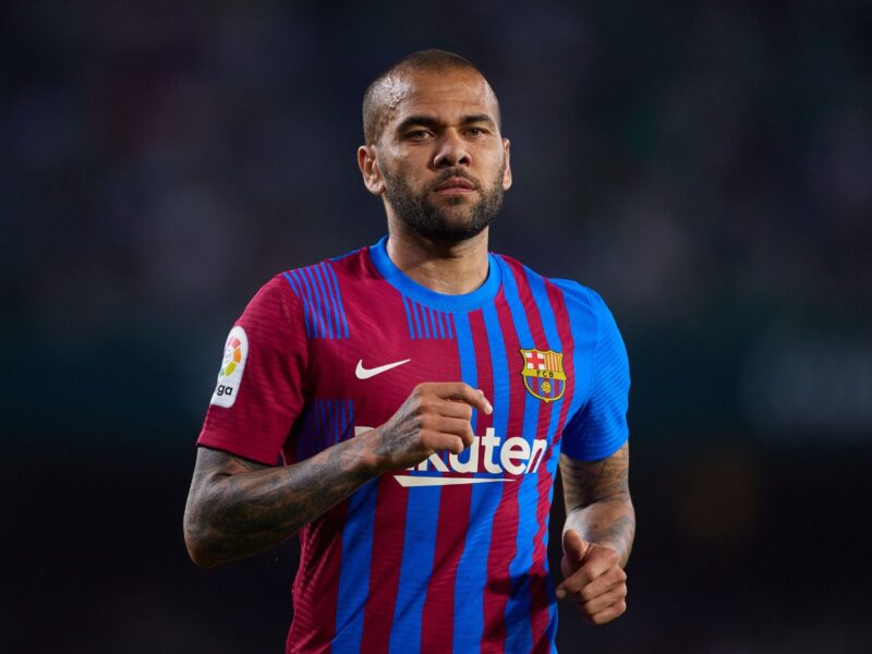 SEVILLE, SPAIN - MAY 07: Dani Alves of FC Barcelona looks on during the La Liga Santander match between Real Betis and FC Barcelona at Estadio Benito Villamarin on May 07, 2022 in Seville, Spain. (Photo by Fran Santiago/Getty Images)