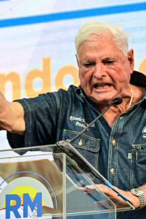 Former Panamanian president and presidential candidate Ricardo Martinelli speaks during a political rally in Panama City on February 3, 2024. Martinelli kicked off his campaign for the May 5 presidential election on Saturday at a rally with thousands of supporters, a day after his candidacy was put at risk by an unappealable court ruling. (Photo by MARTIN BERNETTI / AFP) (Photo by MARTIN BERNETTI/AFP via Getty Images)