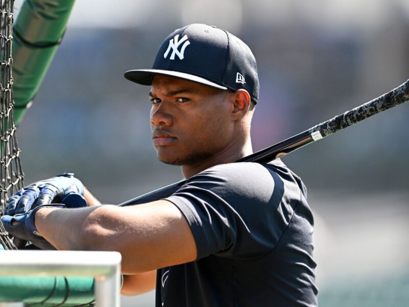 LAKELAND, FLORIDA - MARCH 14, 2024: Oscar Gonzalez #72 of the New York Yankees looks on prior to a spring training game against the Detroit Tigers at Publix Field at Joker Marchant Stadium on March 14, 2024 in Lakeland, Florida. (Photo by Nick Cammett/Diamond Images via Getty Images)