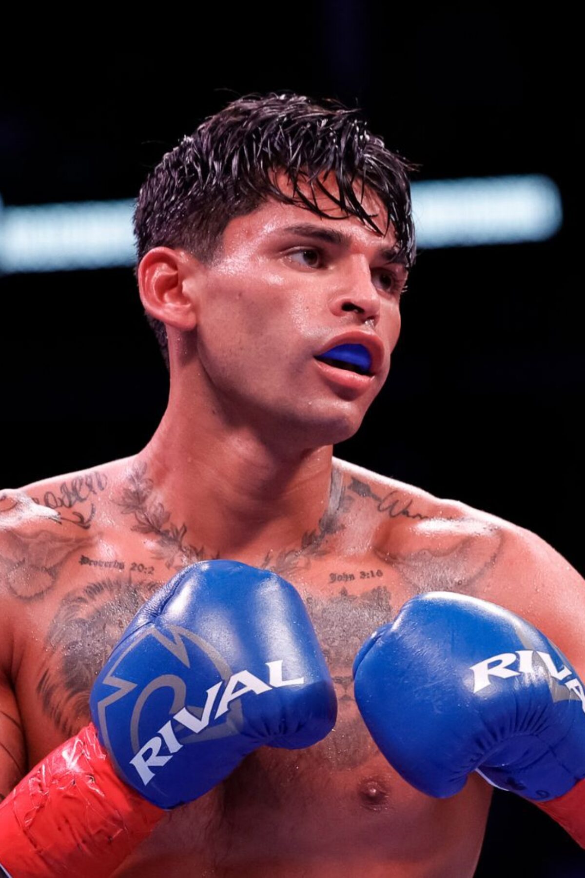 HOUSTON, TEXAS - DECEMBER 02: Ryan Garcia looks on while facing Oscar Duarte during their welterweight fight at Toyota Center on December 02, 2023 in Houston, Texas. (Photo by Carmen Mandato/Getty Images)