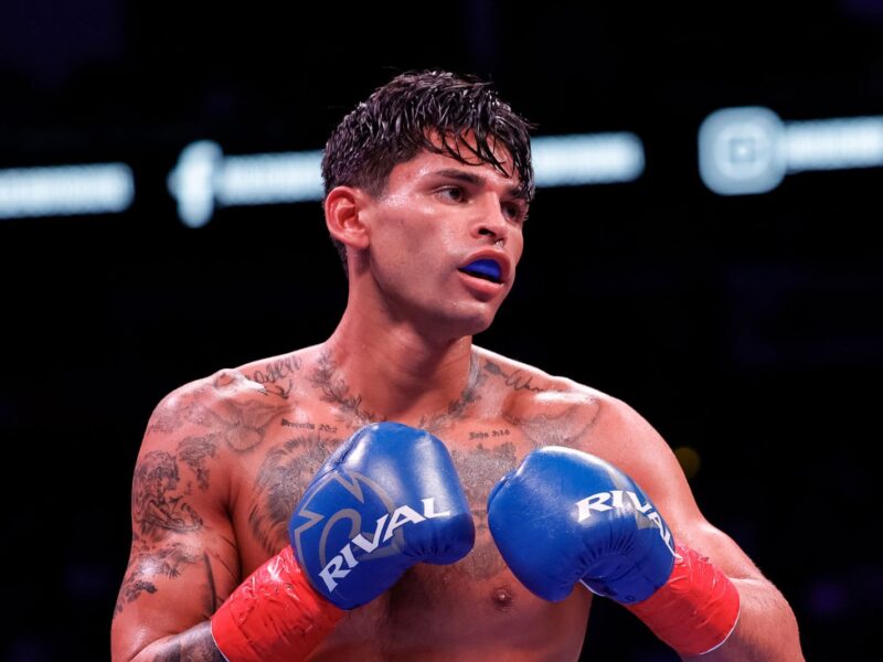 HOUSTON, TEXAS - DECEMBER 02: Ryan Garcia looks on while facing Oscar Duarte during their welterweight fight at Toyota Center on December 02, 2023 in Houston, Texas. (Photo by Carmen Mandato/Getty Images)