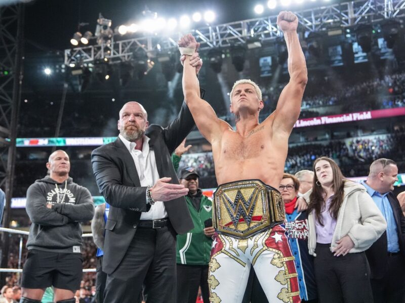 PHILADELPHIA, PENNSYLVANIA - APRIL 7: Cody Rhodes (R) and Triple H celebrate during Night Two of WrestleMania 40 at Lincoln Financial Field on April 7, 2024 in Philadelphia, Pennsylvania. (Photo by WWE/Getty Images)