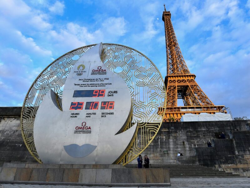 PARIS, FRANCE - APRIL 17: The official Omega Olympic countdown clock located beside the River Seine displays the remaining days until the Opening Ceremony of the Paris 2024 Olympic Games on April 17, 2024 in Paris, France. Paris will host the Summer Olympics from July 26 till August 11, 2024.(Photo by Franco Arland/Getty Images)