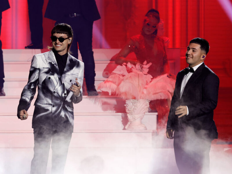 Peso Pluma and Pedro Tovar of Eslabon Armado perform onstage during The 24th Annual Latin Grammy Awards