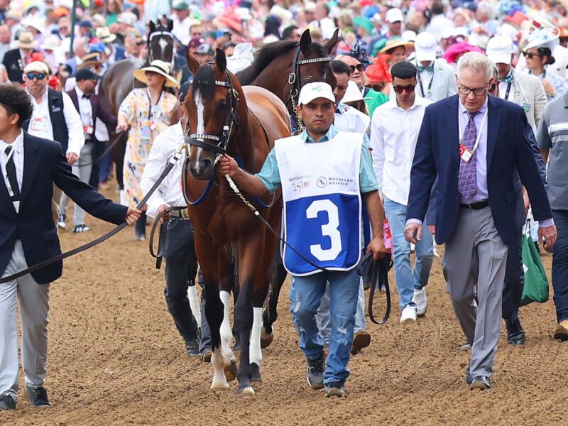 LOUISVILLE, KY - MAY 04: Mystik Dan walks from the backside of the track with Oswaldo Salazar to the paddock before the 150th running of the Kentucky Derby on May 4, 2024, at Churchill Downs in Louisville, Ky. (Photo by Jeff Moreland/Icon Sportswire via Getty Images)