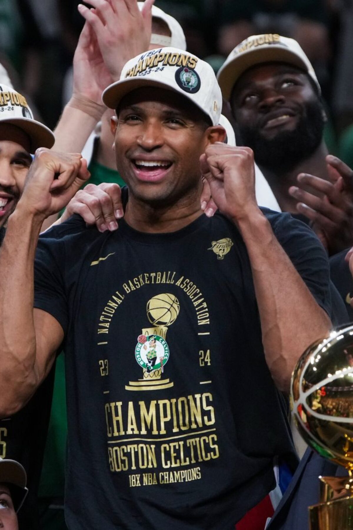 Boston, MA - June 17: Boston Celtics center Al Horford celebrates after winning Game 5 of the 2024 NBA Finals. (Photo by Barry Chin/The Boston Globe via Getty Images)