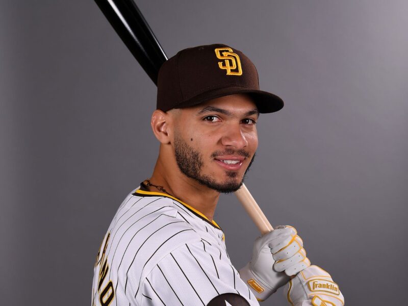PEORIA, ARIZONA - FEBRUARY 20: Tucupita Marcano #12 of the San Diego Padres poses for a portrait during Photo Day at the Peoria Sports Complex on February 20, 2024 in Peoria, Arizona. (Photo by Norm Hall/Getty Images)