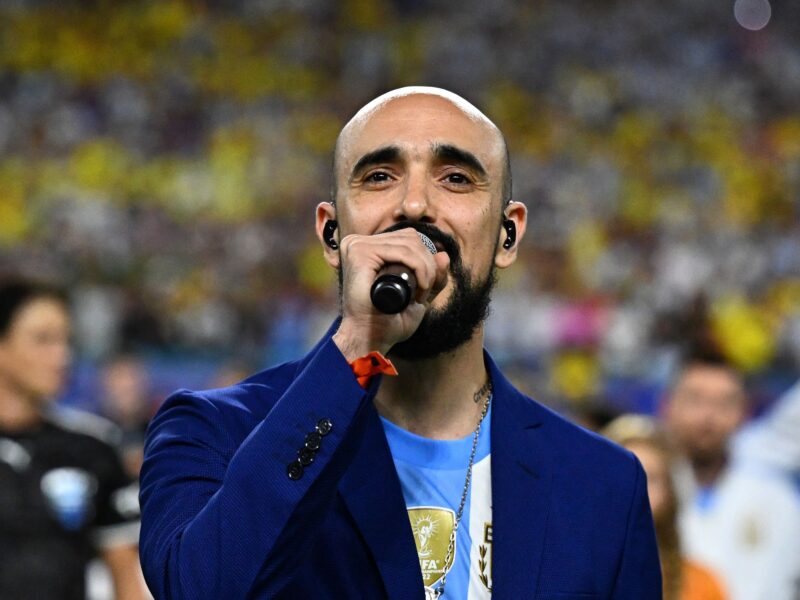 Argentine singer Abel Pintos sings Argentina national anthem before the Conmebol 2024 Copa America tournament final football match between Argentina and Colombia at the Hard Rock Stadium, in Miami, Florida on July 14, 2024. (Photo by Chandan Khanna / AFP) (Photo by CHANDAN KHANNA/AFP via Getty Images)