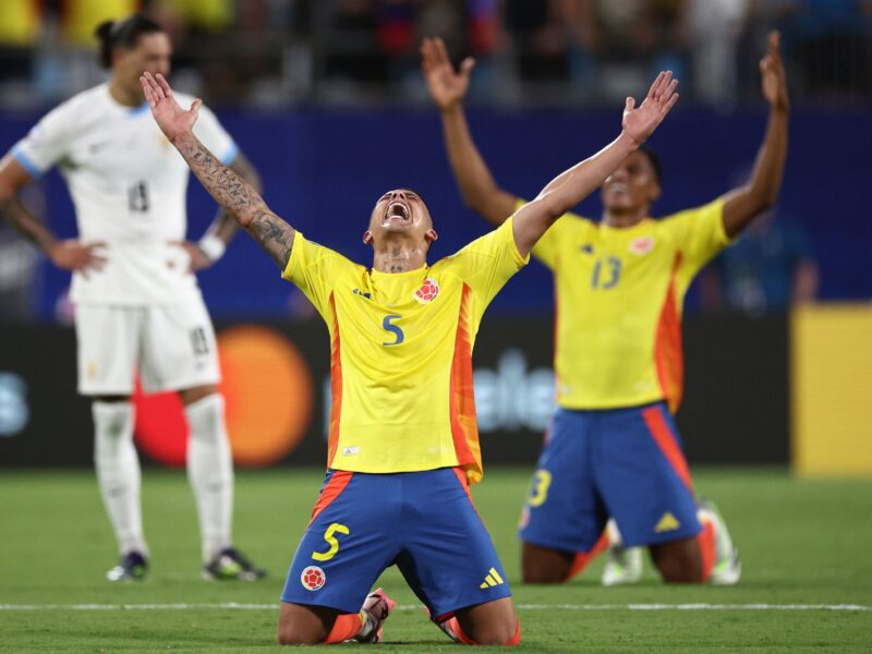 CHARLOTTE, NORTH CAROLINA - JULY 10: Kevin Castaño of Colombia celebrates following the team's victory in the CONMEBOL Copa America 2024 semifinal match between Uruguay and Colombia at Bank of America Stadium on July 10, 2024 in Charlotte, North Carolina. (Photo by Jared C. Tilton/Getty Images)