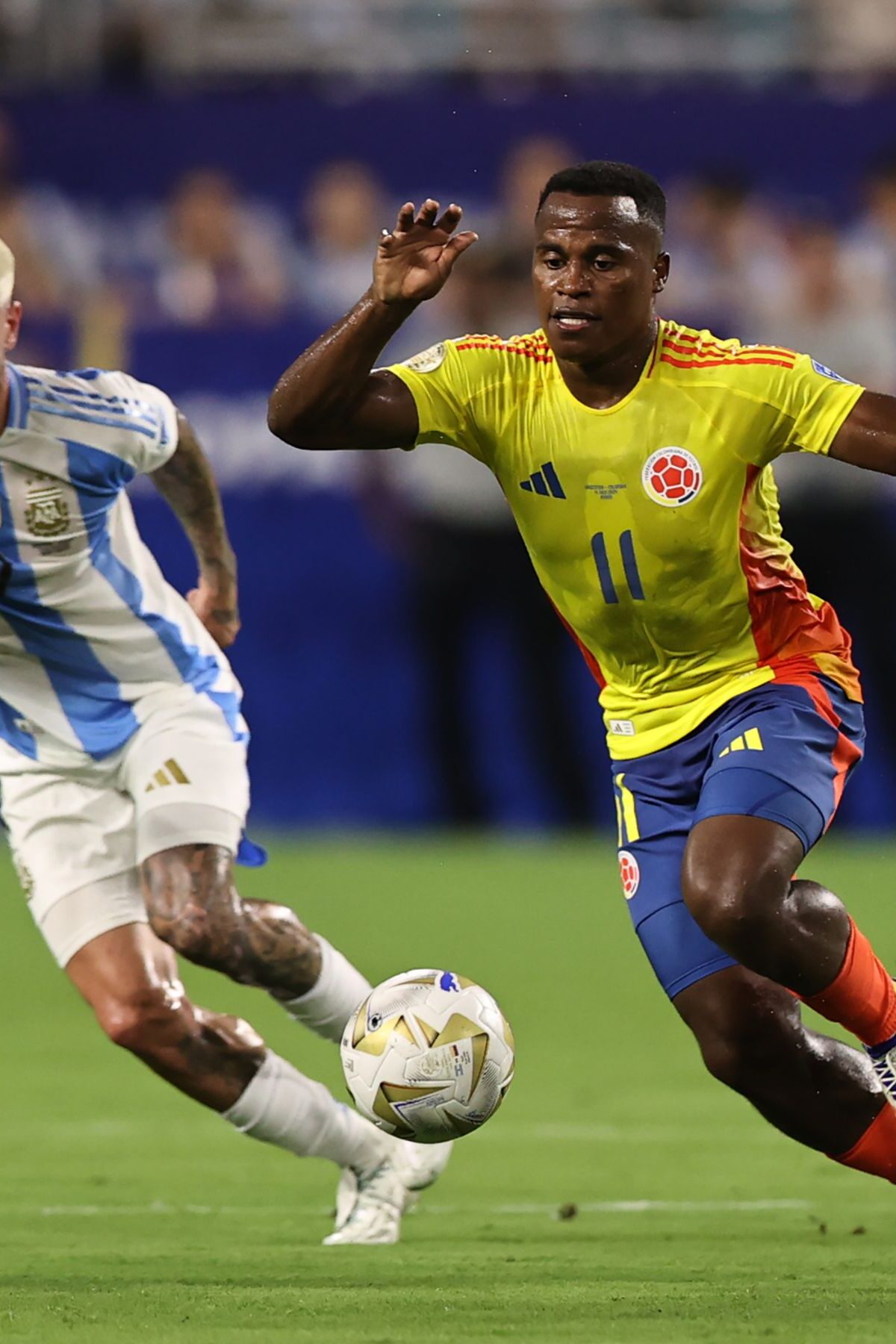 MIAMI GARDENS, FLORIDA - JULY 14: Jhon Arias of Colombia controls the ball during the CONMEBOL Copa America 2024 Final match between Argentina and Colombia at Hard Rock Stadium on July 14, 2024 in Miami Gardens, Florida. (Photo by Omar Vega/Getty Images)