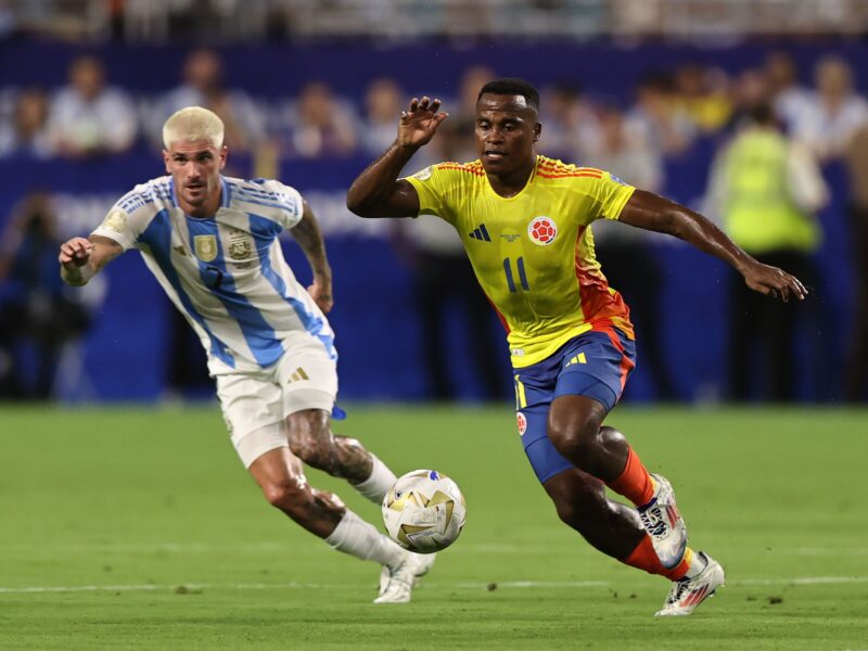 MIAMI GARDENS, FLORIDA - JULY 14: Jhon Arias of Colombia controls the ball during the CONMEBOL Copa America 2024 Final match between Argentina and Colombia at Hard Rock Stadium on July 14, 2024 in Miami Gardens, Florida. (Photo by Omar Vega/Getty Images)