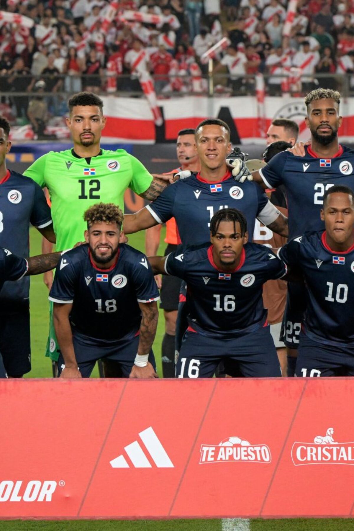 Dominican Republic's players pose for a picture before the start of the international friendly football match between Peru and Dominican Republic at the Monumental Stadium in Lima on March 26, 2024. (Photo by ERNESTO BENAVIDES / AFP) (Photo by ERNESTO BENAVIDES/AFP via Getty Images)