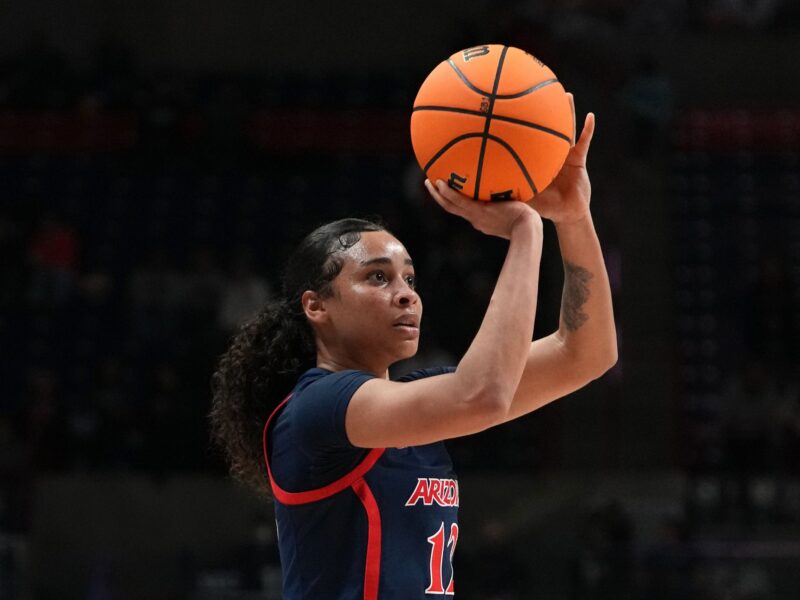 STORRS, CONNECTICUT - MARCH 23: Esmery Martinez #12 of the Arizona Wildcats shoots against the Syracuse Orange during the first half of a first round NCAA Women's Basketball Tournament game at the Harry A. Gampel Pavilion on March 23, 2024 in Storrs, Connecticut. (Photo by Joe Buglewicz/Getty Images)