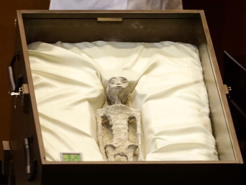 September 12, 2023, Mexico City, Mexico: A specimen known as the Nazca Mummy is displayed at the Mexico Public Hearing on Unidentified Anomalous Phenomena in the Chamber of Deputies in Mexico City. (Photo by Luis Barron / Eyepix Group). (Photo credit should read Luis Barron / Eyepix Group/Future Publishing via Getty Images)