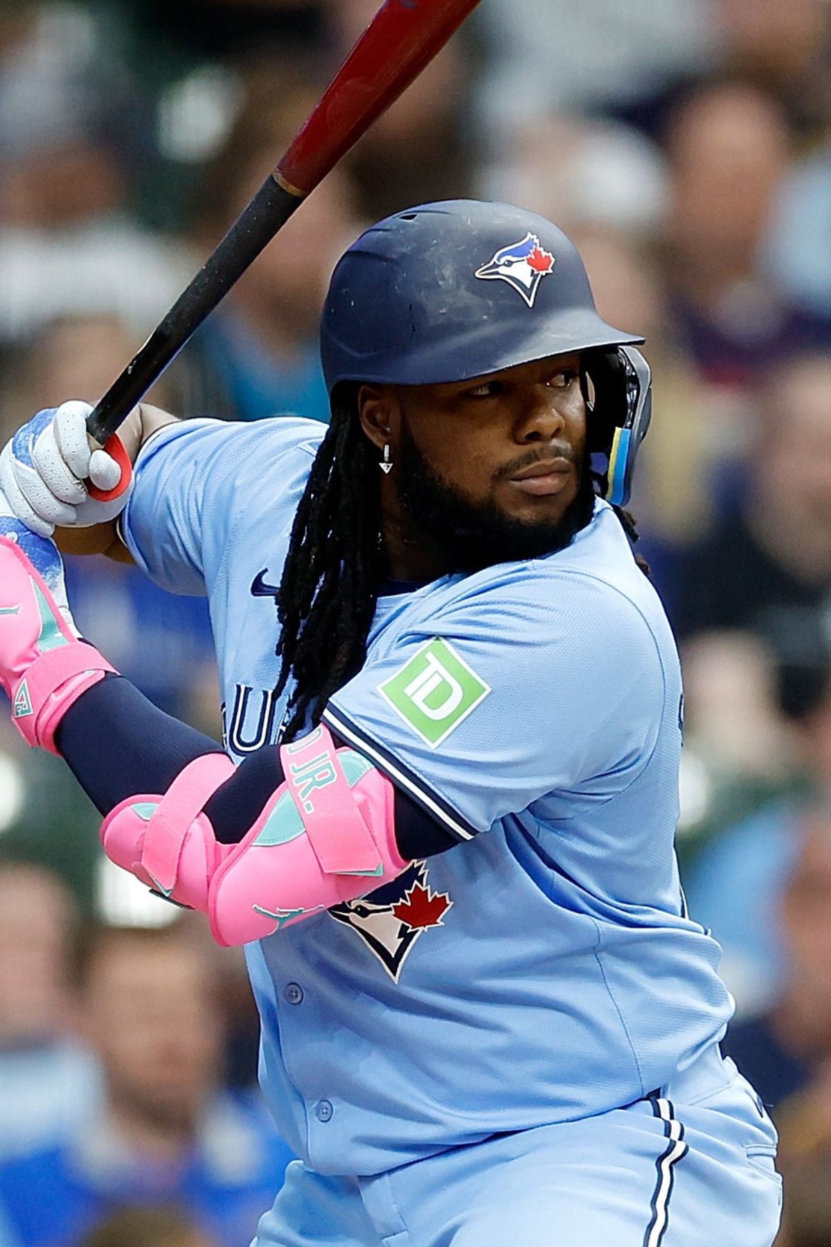 MILWAUKEE, WISCONSIN - JUNE 10: Vladimir Guerrero Jr. #27 of the Toronto Blue Jays up to bat \amb at American Family Field on June 10, 2024 in Milwaukee, Wisconsin. (Photo by John Fisher/Getty Images)
