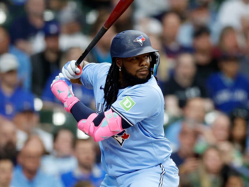 MILWAUKEE, WISCONSIN - JUNE 10: Vladimir Guerrero Jr. #27 of the Toronto Blue Jays up to bat \amb at American Family Field on June 10, 2024 in Milwaukee, Wisconsin. (Photo by John Fisher/Getty Images)