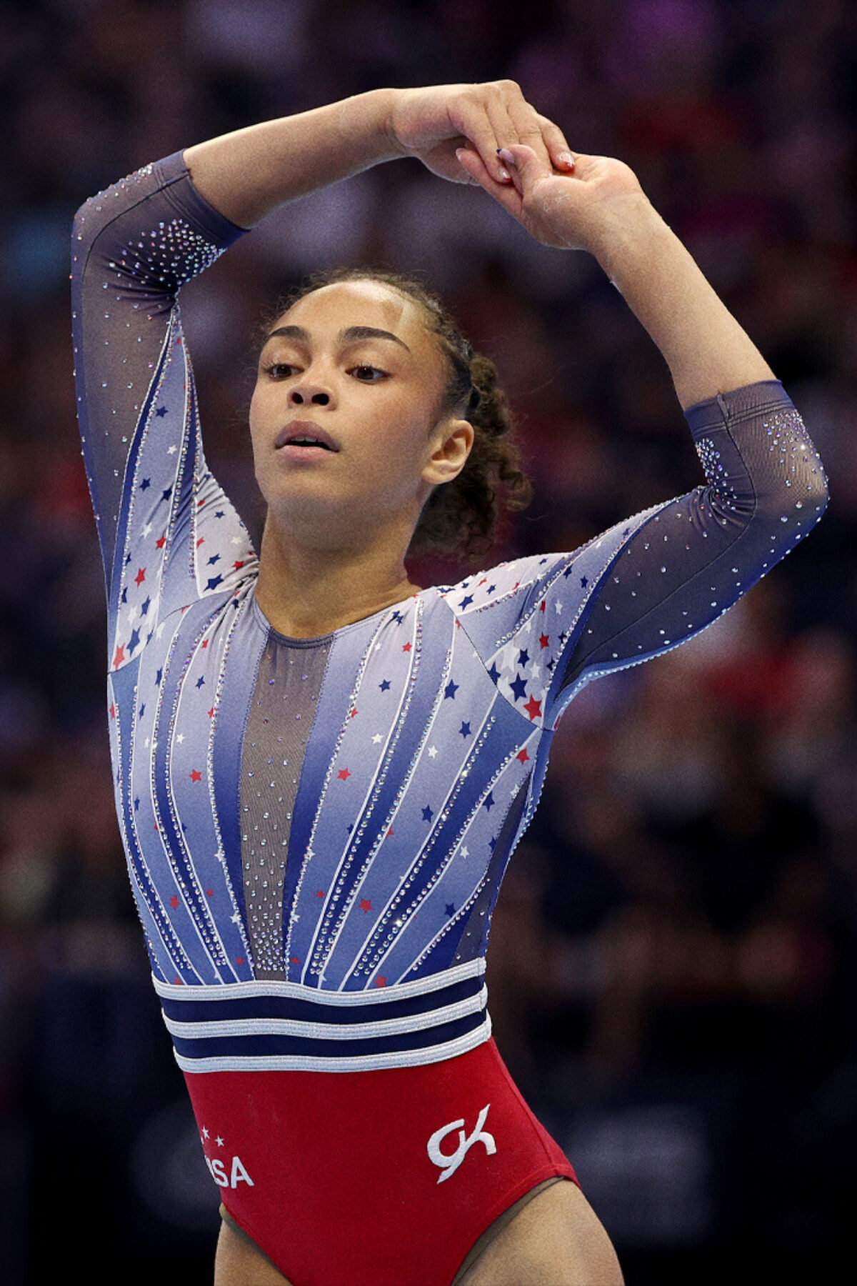 MINNEAPOLIS, MINNESOTA - JUNE 30: Hezly Rivera competes on the floor exercise on Day Four of the 2024 U.S. Olympic Team Gymnastics Trials at Target Center on June 30, 2024 in Minneapolis, Minnesota. (Photo by Elsa/Getty Images)