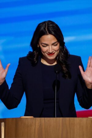 CHICAGO, ILLINOIS - AUGUST 19: Rep. Alexandria Ocasio-Cortez (AOC) speaks onstage during the first day of the Democratic National Convention at the United Center on August 19, 2024 in Chicago, Illinois. Delegates, politicians, and Democratic party supporters are in Chicago for the convention, concluding with current Vice President Kamala Harris accepting her party's presidential nomination. The DNC takes place from August 19-22. (Photo by Chip Somodevilla/Getty Images)