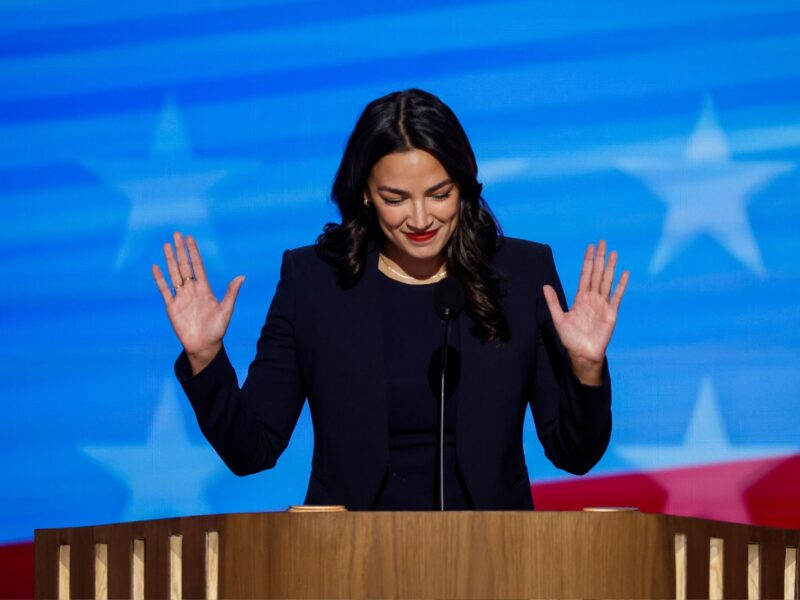 CHICAGO, ILLINOIS - AUGUST 19: Rep. Alexandria Ocasio-Cortez (AOC) speaks onstage during the first day of the Democratic National Convention at the United Center on August 19, 2024 in Chicago, Illinois. Delegates, politicians, and Democratic party supporters are in Chicago for the convention, concluding with current Vice President Kamala Harris accepting her party's presidential nomination. The DNC takes place from August 19-22. (Photo by Chip Somodevilla/Getty Images)