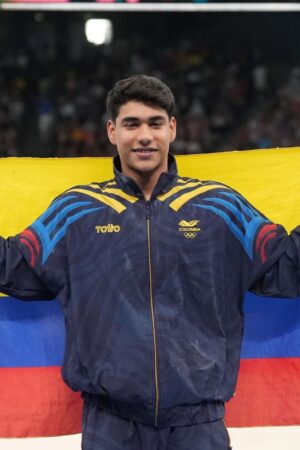 05 August 2024, France, Paris: Olympics, Paris 2024, gymnastics, high bar, men, final, Angel Barajas from Colombia celebrates silver. Photo: Marcus Brandt/dpa (Photo by Marcus Brandt/picture alliance via Getty Images)