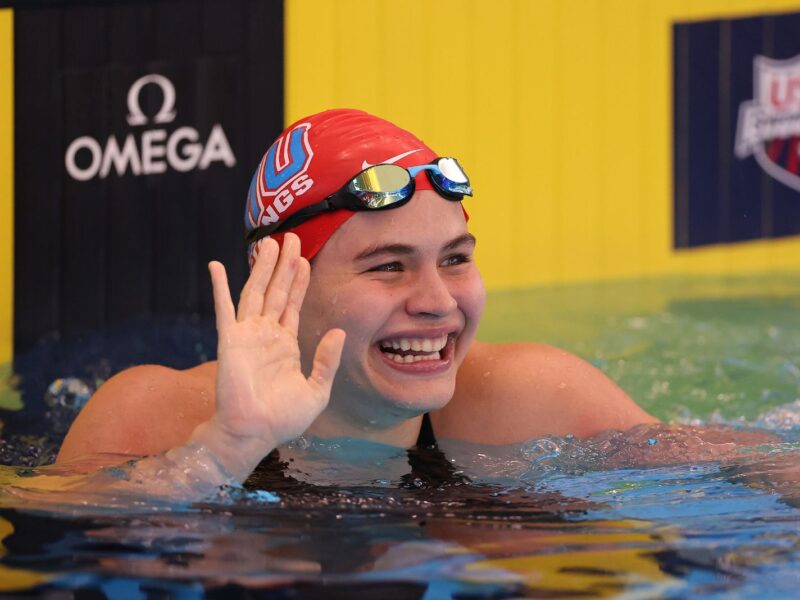 WESTMONT, ILLINOIS - APRIL 13: Luana Alonso of Paraguay reacts after winning the Women's 100 Meter Butterfly consolation on Day 2 of the TYR Pro Swim Series Westmont on April 13, 2023 in Westmont, Illinois. (Photo by Michael Reaves/Getty Images)