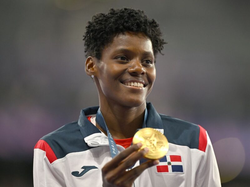 Paris , France - 9 August 2024; Marileidy Paulino of Team Dominican Republic celebrates with her women's 400m gold medal at the Stade de France during the 2024 Paris Summer Olympic Games in Paris, France. (Photo By Brendan Moran/Sportsfile via Getty Images)