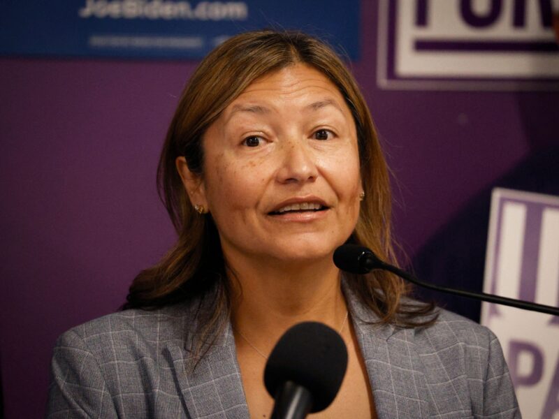 Biden-Harris 2024 Campaign Manager Julie Chavez Rodriguez speaks during a Biden-Harris 2024 campaign press conference on MAGA extremism ahead of a rally in Hialeah in support of former President Donald Trump and the third Republican Primary Debate, in Miami, Florida, on November 7, 2023. (Photo by Marco BELLO / AFP) (Photo by MARCO BELLO/AFP via Getty Images)