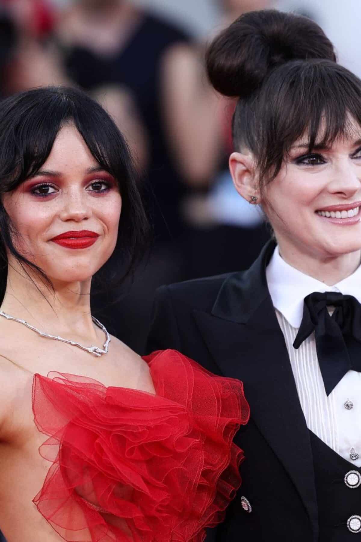 VENICE, ITALY - AUGUST 28: Jenna Ortega and Winona Ryder attend the red carpet for 