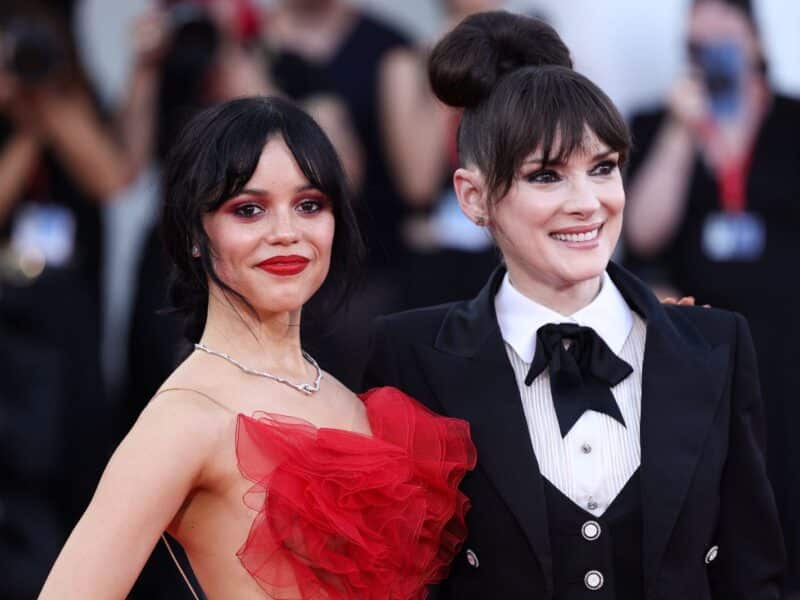 VENICE, ITALY - AUGUST 28: Jenna Ortega and Winona Ryder attend the red carpet for 