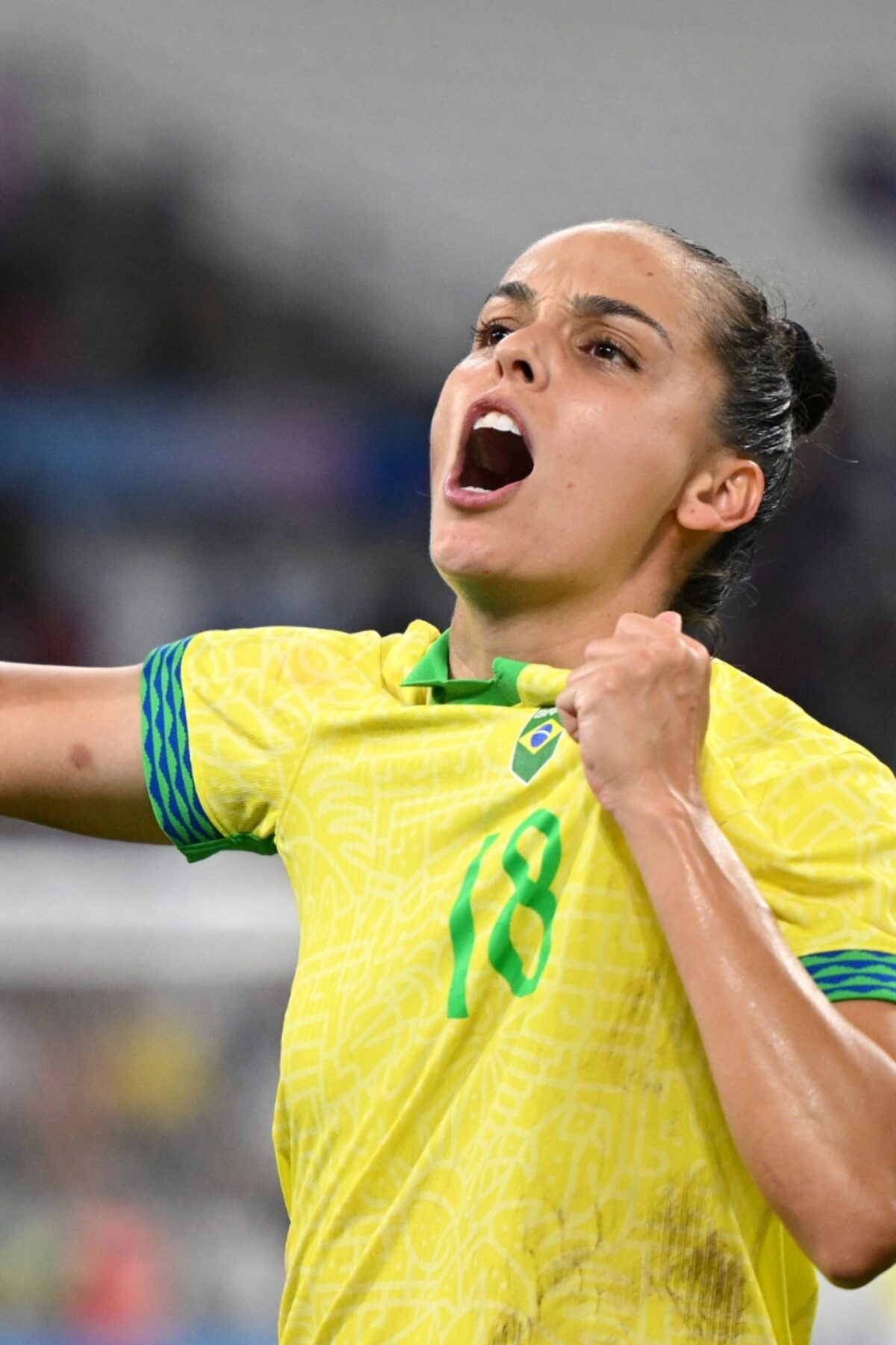 MARSEILLE, FRANCE - AUGUST 06: Gabi Portilho #18 of Team Brazil celebrates victory after the Women's semifinal match between Brazil and Spain during the Olympic Games Paris 2024 at Stade de Marseille on August 06, 2024 in Marseille, France. (Photo by Clive Mason/Getty Images)