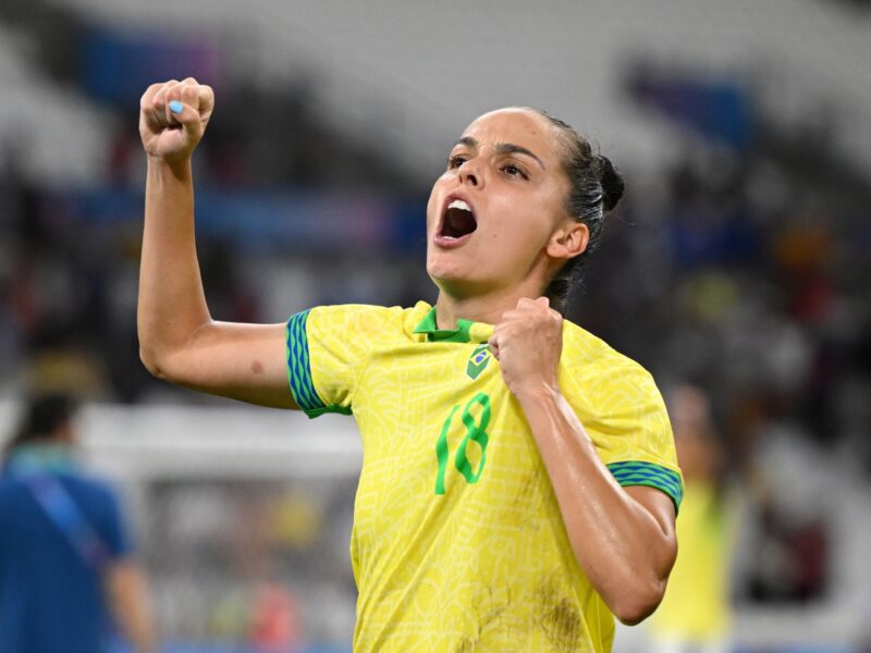 MARSEILLE, FRANCE - AUGUST 06: Gabi Portilho #18 of Team Brazil celebrates victory after the Women's semifinal match between Brazil and Spain during the Olympic Games Paris 2024 at Stade de Marseille on August 06, 2024 in Marseille, France. (Photo by Clive Mason/Getty Images)