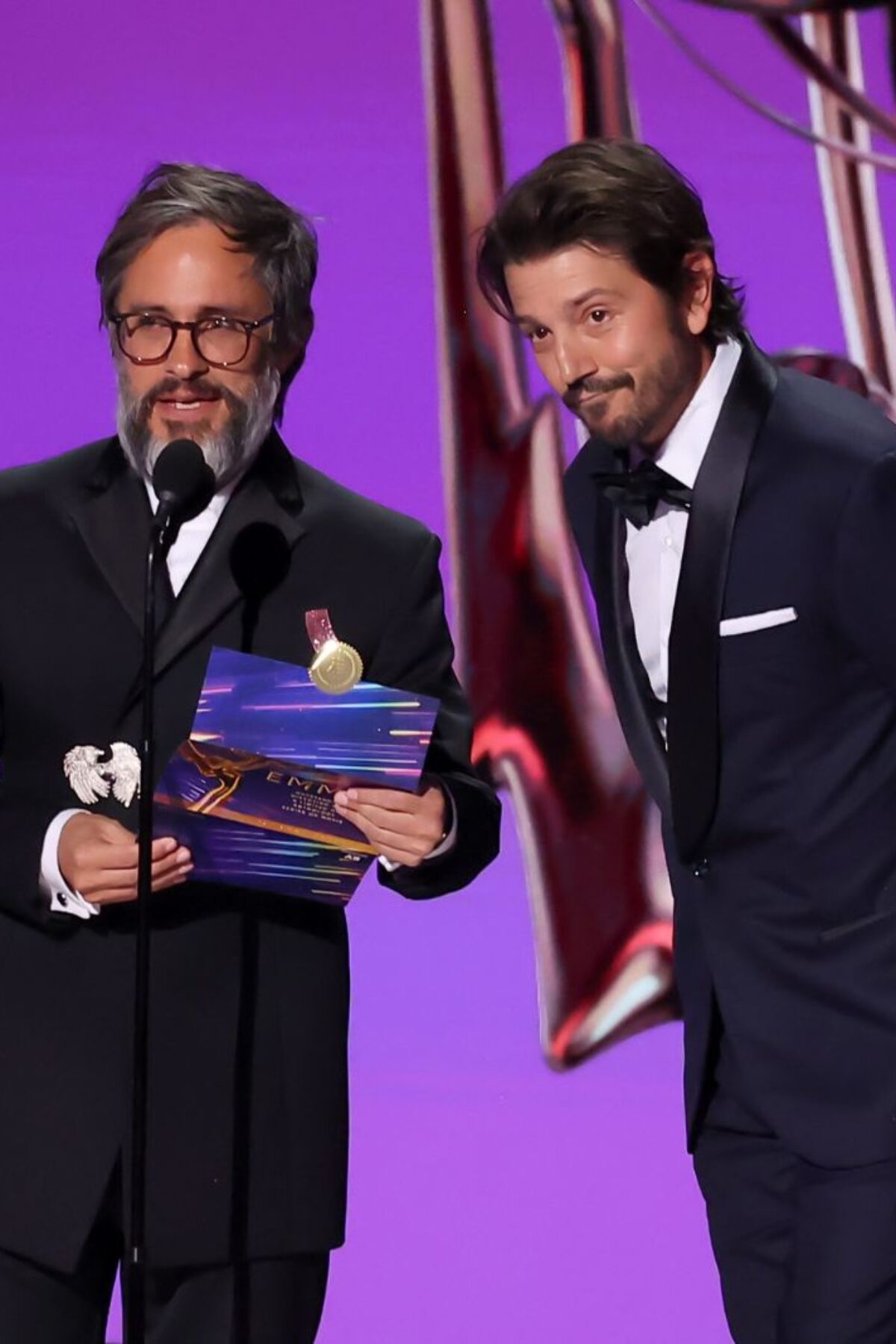 LOS ANGELES, CALIFORNIA - SEPTEMBER 15: (L-R) Gael García Bernal and Diego Luna speak onstage during the 76th Primetime Emmy Awards at Peacock Theater on September 15, 2024 in Los Angeles, California. (Photo by Leon Bennett/WireImage)