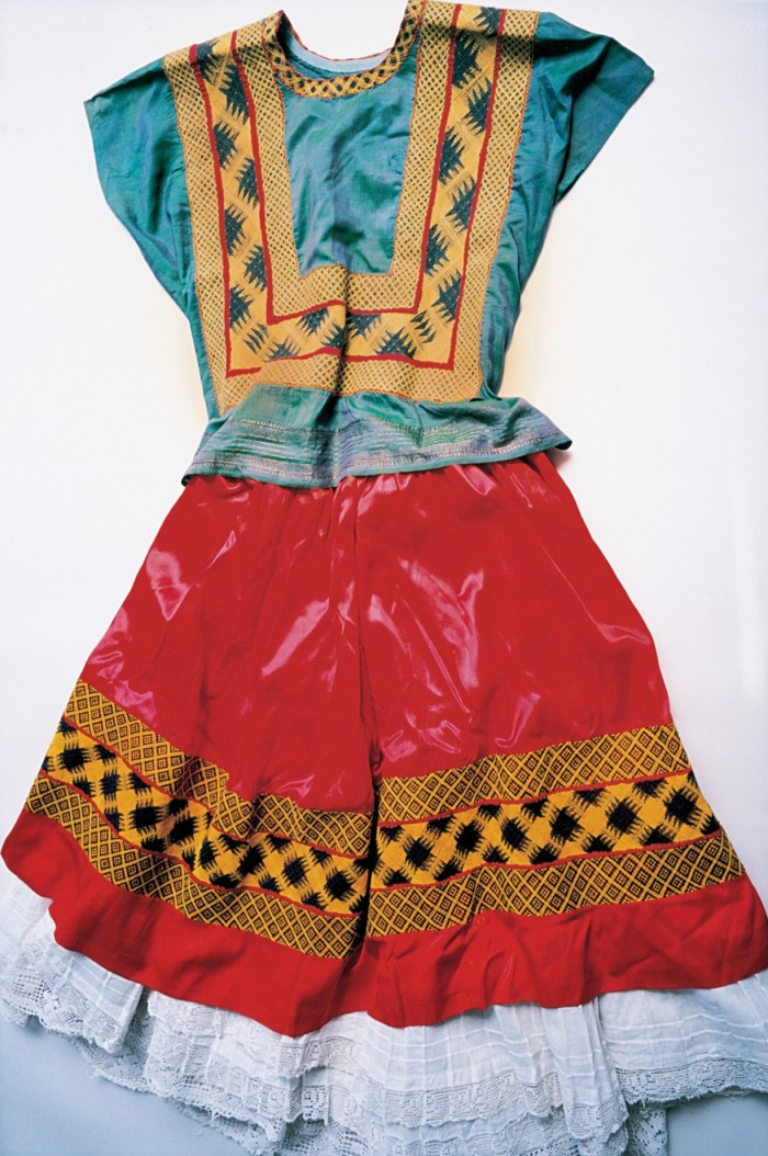 Kahlo’s right leg was thinner than her left after childhood polio – and it was later fractured in 11 places when she had a horrific bus accident in her 20s. As a result, she wore long, traditional Tehuana dresses that concealed her lower body.