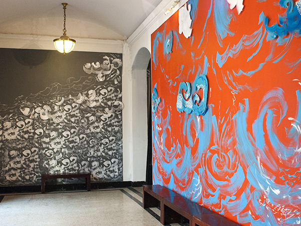 Scherezade Garcia. In Transit/Liquid Highway, installation view at Miller Theatre Lobby, Fall 2015. Photograph by Gerald Sampson.