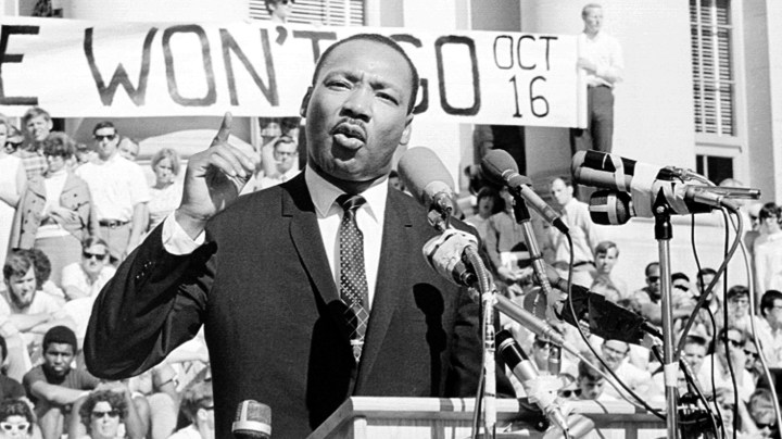 Civil rights leader Reverend Martin Luther King, Jr. delivers a speech to a crowd of approximately 7,000 people on May 17, 1967 at UC Berkeley's Sproul Plaza in Berkeley, California. Photo by Michael Ochs Archives/Getty Images