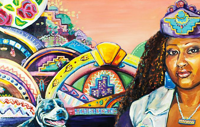 Using her sister Rocio as the model, Crystal celebrates the beauty in indigenous cultura and the mix of African and Mexican ethnicities Rocio comes from. Beautiful and proud, a crown with an eagle perches on her majestic curls. She is a queen, gazing at the viewer with her spirit animal by her side, protecting her from harm. Images of her past and symbols regarding her childhood encompass the background.