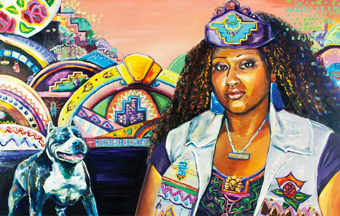 Using her sister Rocio as the model, Crystal celebrates the beauty in indigenous cultura and the mix of African and Mexican ethnicities Rocio comes from. Beautiful and proud, a crown with an eagle perches on her majestic curls. She is a queen, gazing at the viewer with her spirit animal by her side, protecting her from harm. Images of her past and symbols regarding her childhood encompass the background.