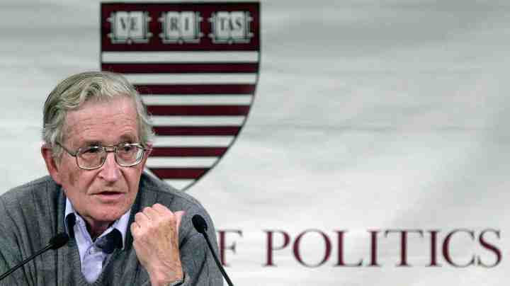 Massachusetts Institute of Technology professor of linguistics Noam Chomsky speaks during a program titled "Why Iraq?" attended by an overflow crowd at Harvard University November 4, 2002  in Cambridge, Massachusetts. Photo by William B. Plowman/Getty Images