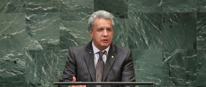 Lenin Moreno Garces, Constitutional President of Ecuador addresses the 73rd session of the United Nations General Assembly on September 25, 2018 in New York City. Photo by John Moore/Getty Images