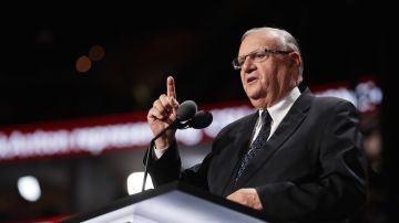 Maricopa County Sheriff Joe Arpaio gestures to the crowd as he delivers a speech on the fourth day of the Republican National Convention on July 21, 2016 at the Quicken Loans Arena in Cleveland, Ohio. Photo by Chip Somodevilla/Getty Images News