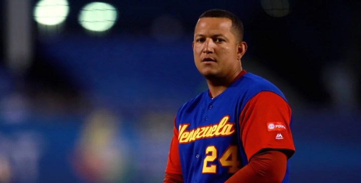 Miguel Cabrera looks on in the top of the first inning during a World Baseball Classic game. Photo by Miguel Tovar/Getty Images