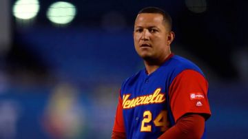 Miguel Cabrera looks on in the top of the first inning during a World Baseball Classic game. Photo by Miguel Tovar/Getty Images