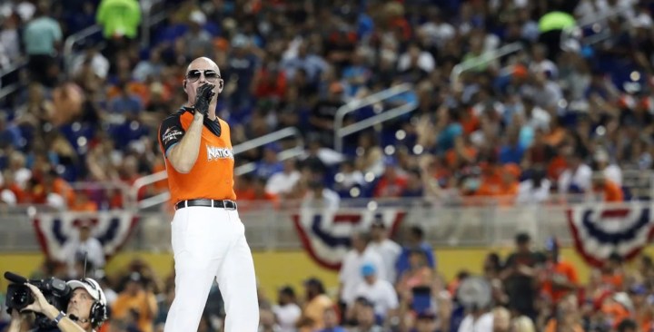 Pitbull performs prior to the T-Mobile Home Run Derby at Marlins Park on July 10, 2017 in Miami, Florida. Photo by Rob Carr/Getty Images Entertainment