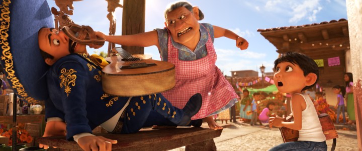Lombardo Boyar as the voice of the mariachi, Renée Victor as the voice of Abuelita and Anthony Gonzalez as the voice of Miguel. 'Coco' still courtesy of Disney-Pixar